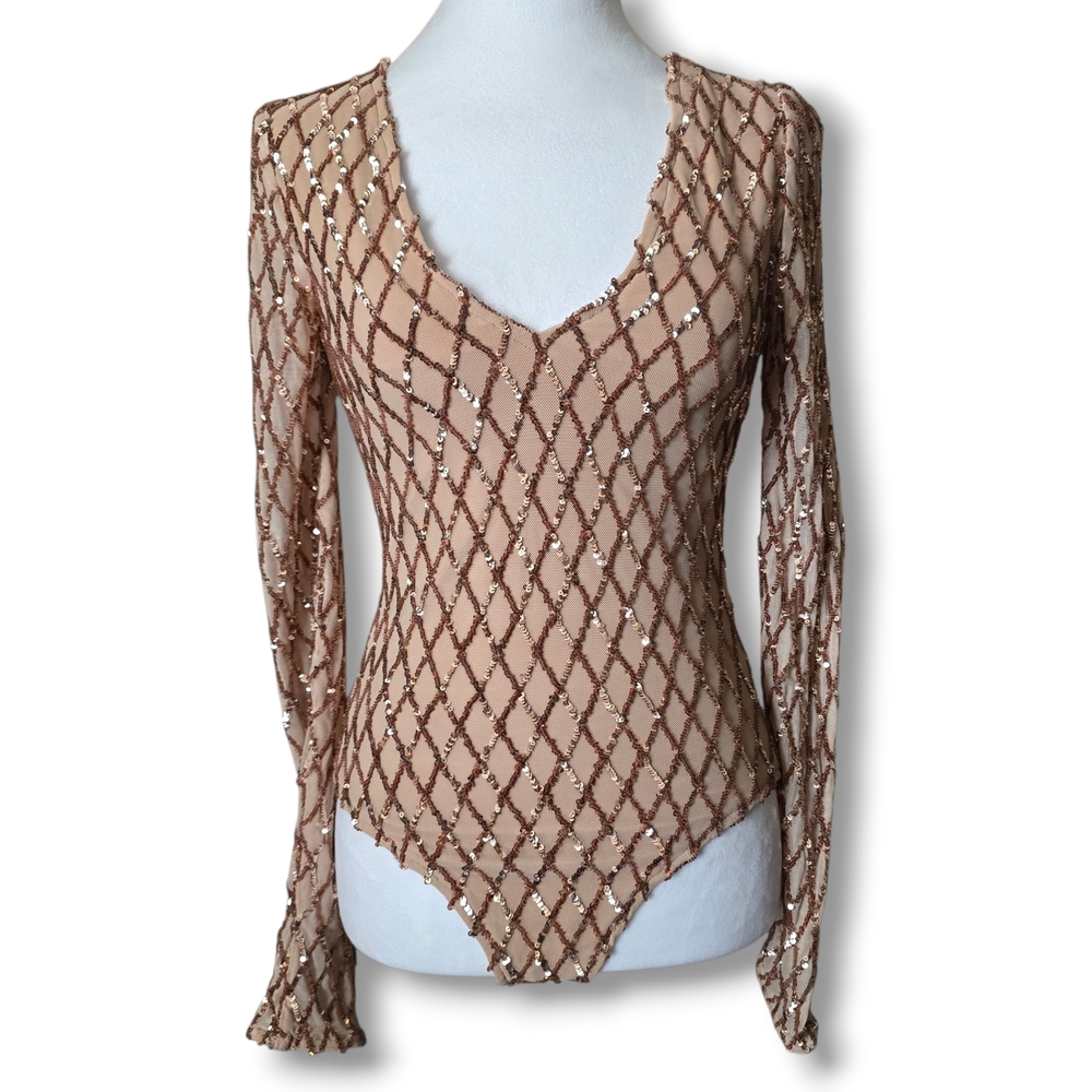 Forever 21 Nude Diamond Sequin Bodysuit - Size Small